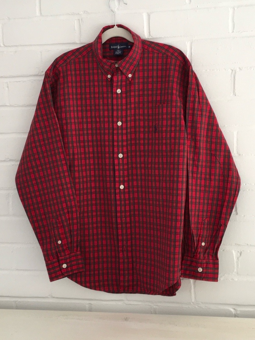 Boys Size M Ralph Lauren Red/Navy Blue Plaid Button-Down Holiday Christmas Shirt